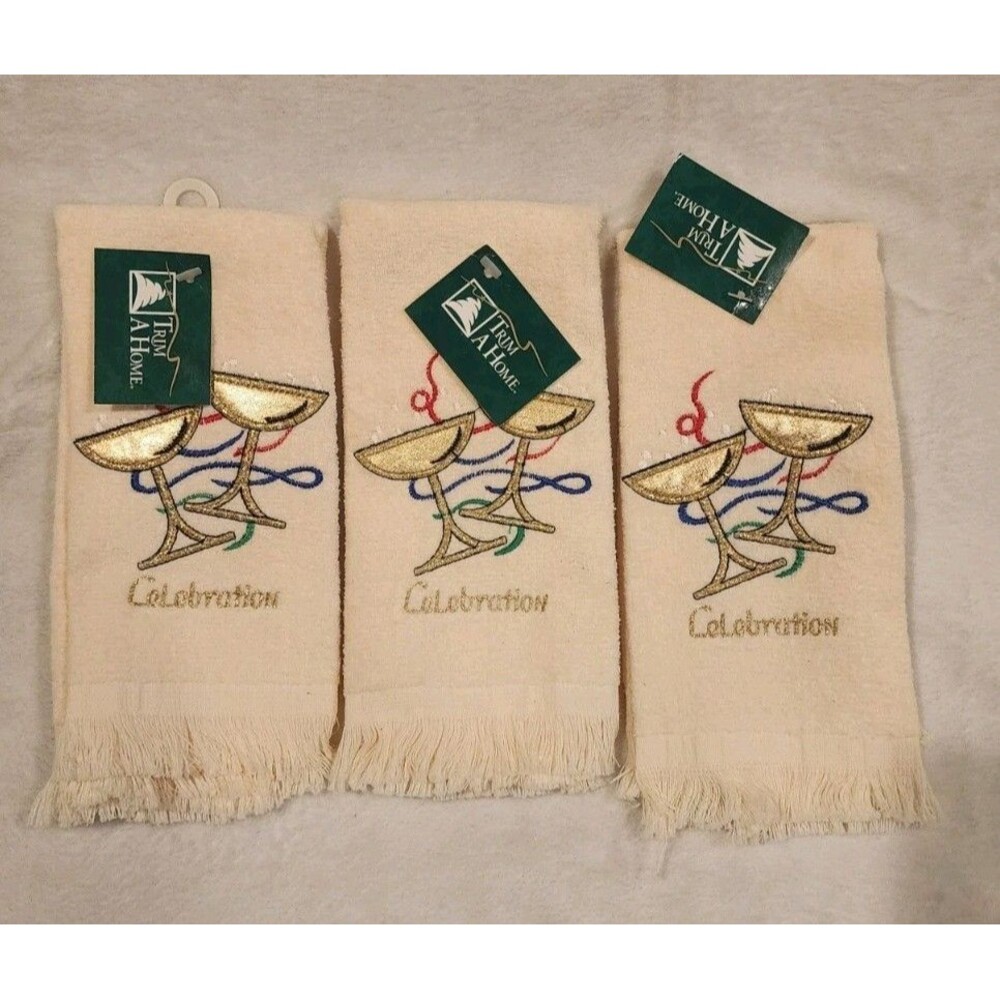 3 Vintage Embroidered Celebrate Holiday Fingertip Towels Champagne Glasses